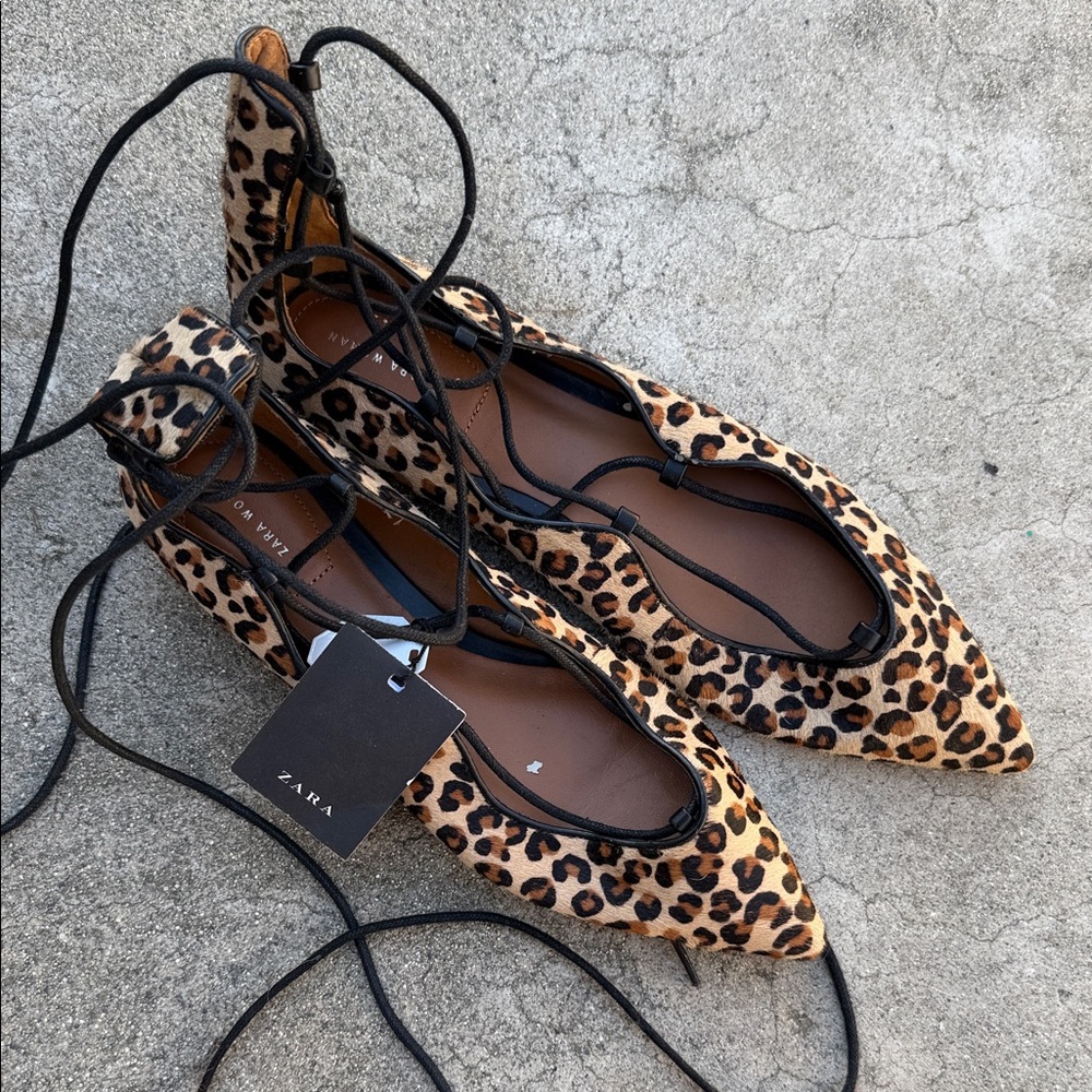 Zara Animal Print Lace-Up Flats